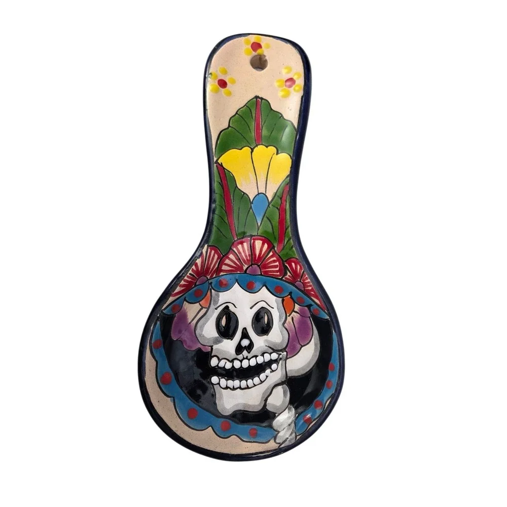 Large Talavera Spoon Rest Hand Painted Ulises DAY of the Dead Art Pottery Mexico